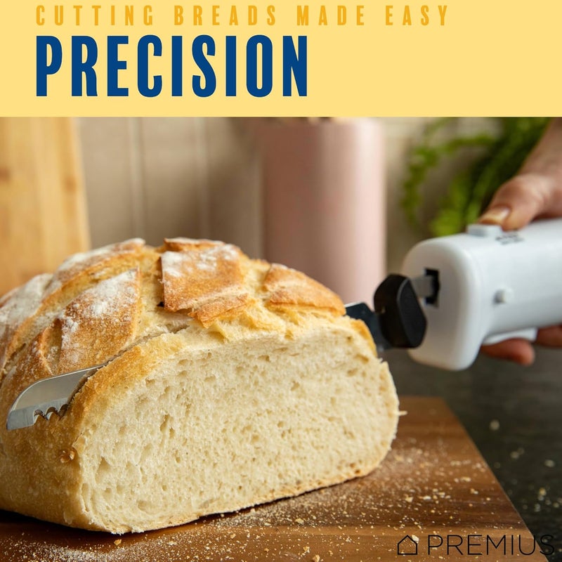 PREMIUS Professional Cordless Rechargeable Easy-Slice Electric Knife, Reciprocating Serrated Stainless-Steel Blades, Safety-Lock Trigger Release, Carving Meats, Turkey, Breads, Fruit, Crafting Foam, White - Image 5